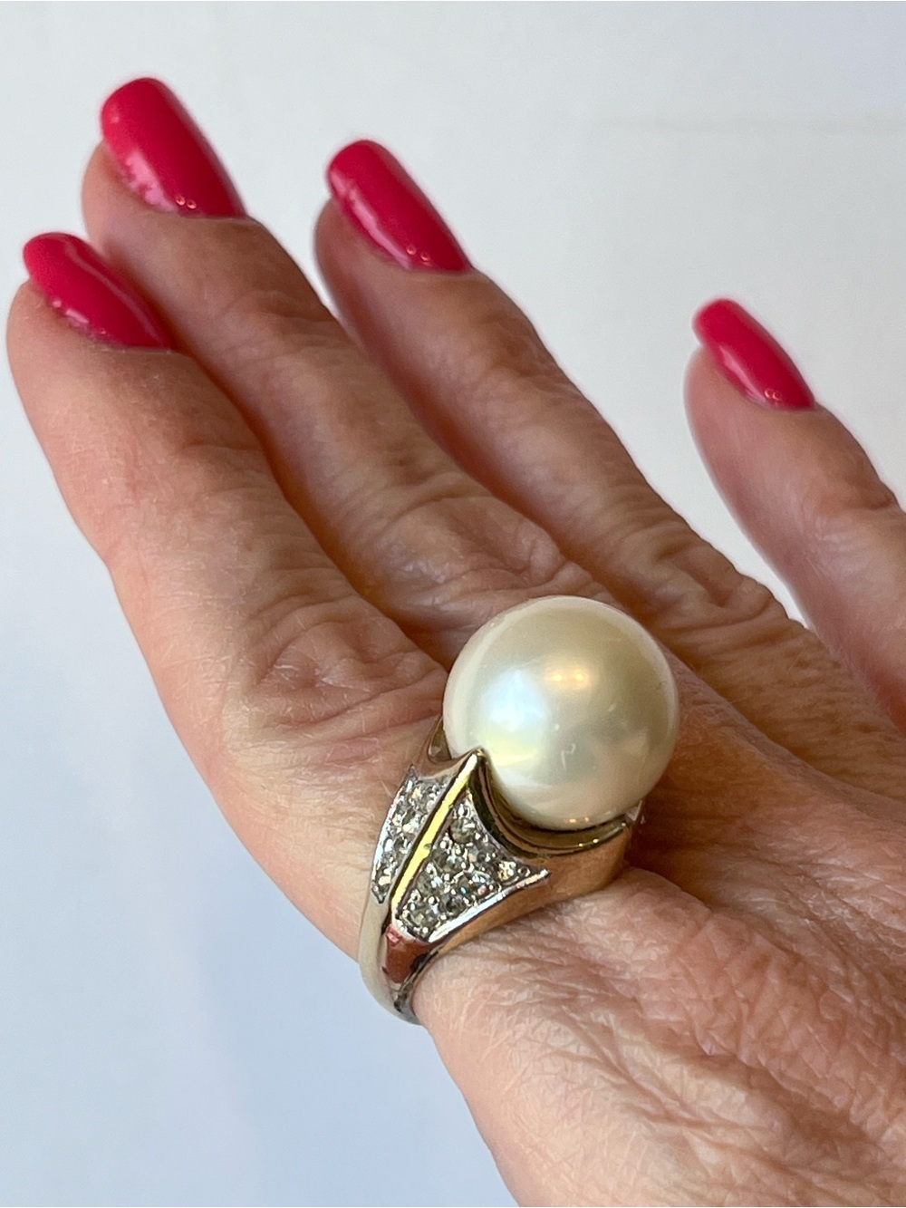 Vintage Panetta Faux Pearl & Crystals Gold Tone Sterling Cocktail Statement Ring